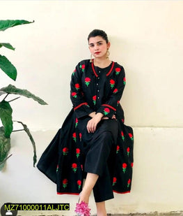 Fancy Stitched Katan Silk Gown with Red Rose Embroidery