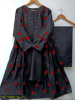 Fancy Stitched Katan Silk Gown with Red Rose Embroidery