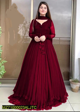 Women Maroon Chiffon Maxi Suit 3 Pcs Round Neck