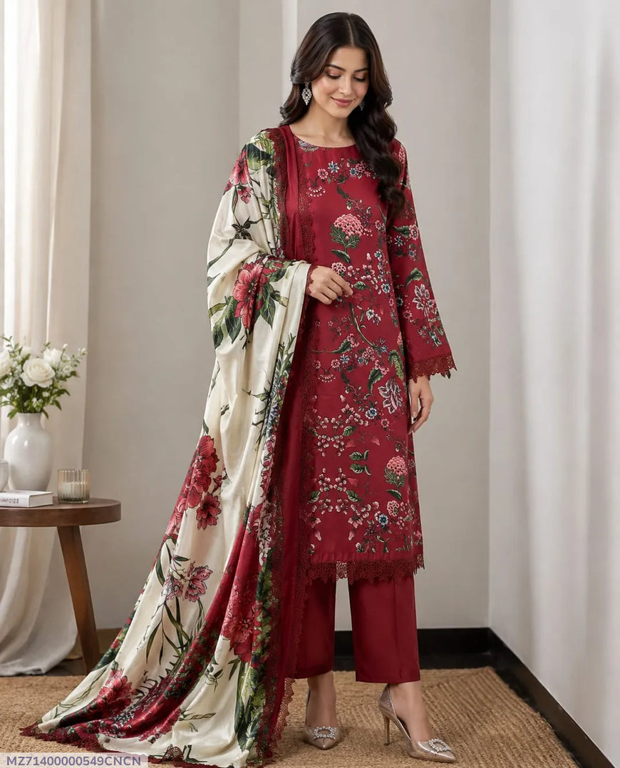 Women Red Digital Print 3Pcs Suit with Silk Dupatta