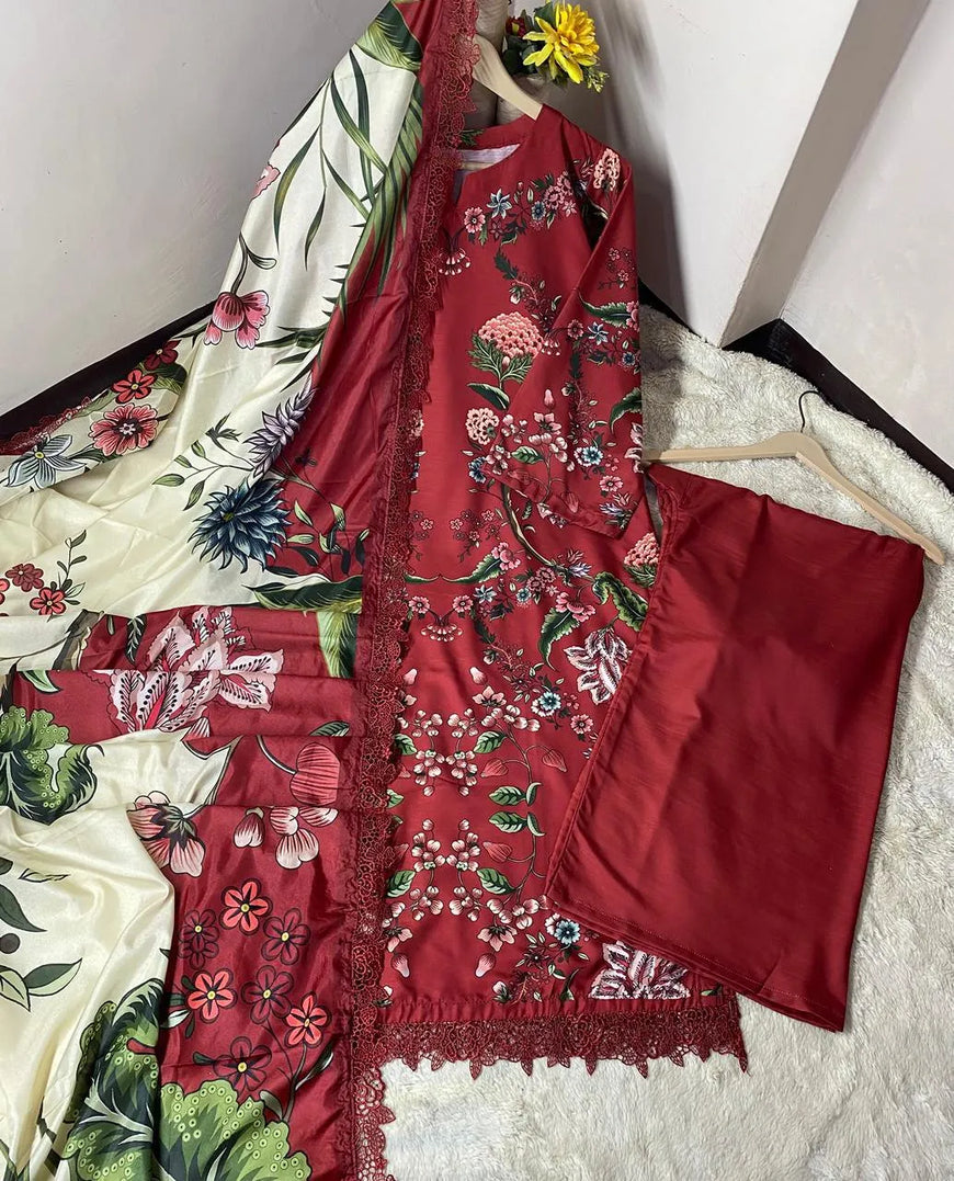 Women Red Digital Print 3Pcs Suit with Silk Dupatta