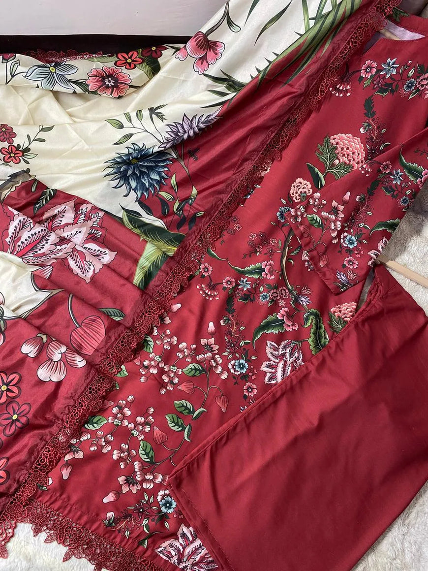 Women Red Digital Print 3Pcs Suit with Silk Dupatta