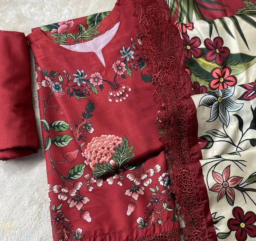 Women Red Digital Print 3Pcs Suit with Silk Dupatta