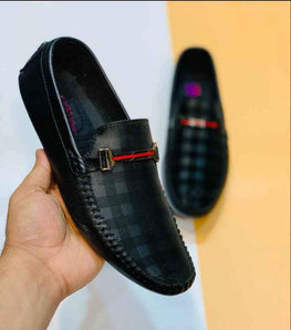 Men's Black Checkered Rexine Loafers with Buckle & Red Gold Accents