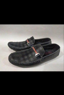 Men's Black Checkered Rexine Loafers with Buckle & Red Gold Accents