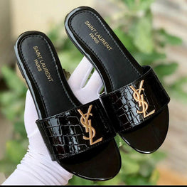 Black Synthetic Leather Women's Flat Flats with Logo