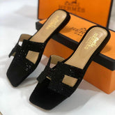 Women's Black Suede Square Toe Flat Slippers Casual Office Wear