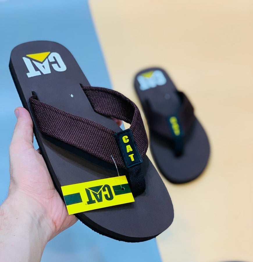 Men's Brown Rubber Flip Flops with CAT Logo