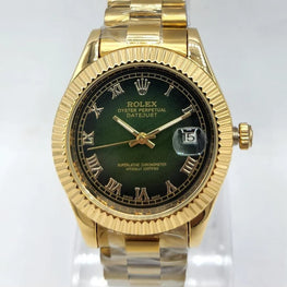 Oyster Watch Gold Rolex Fluted Bezel Olive Green Dial