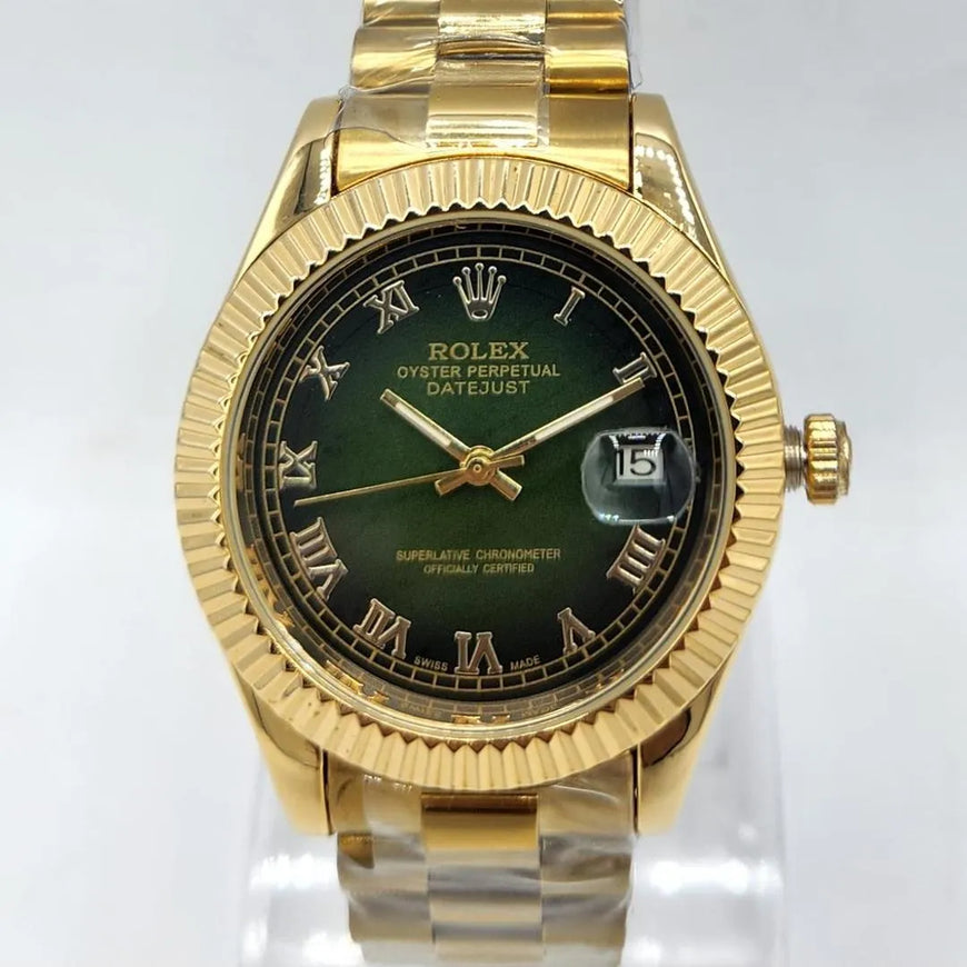 Oyster Watch Gold Rolex Fluted Bezel Olive Green Dial