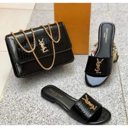 Black YSL Logo Women's Flat Slippers