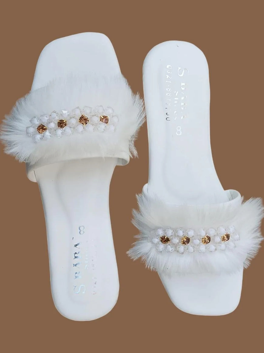 White Fluffy Slippers with Crystal Embellishments for Women