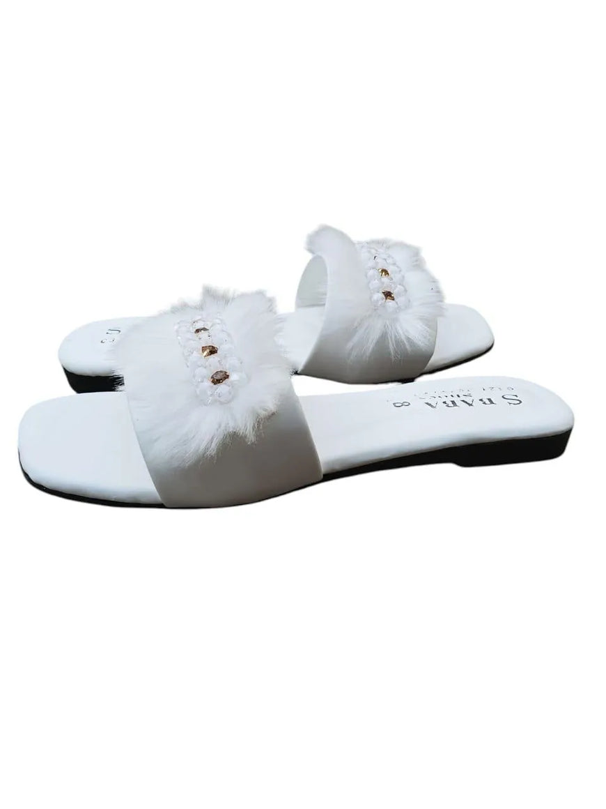 White Fluffy Slippers with Crystal Embellishments for Women