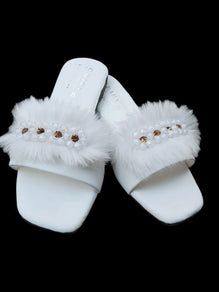 White Fluffy Slippers with Crystal Embellishments for Women