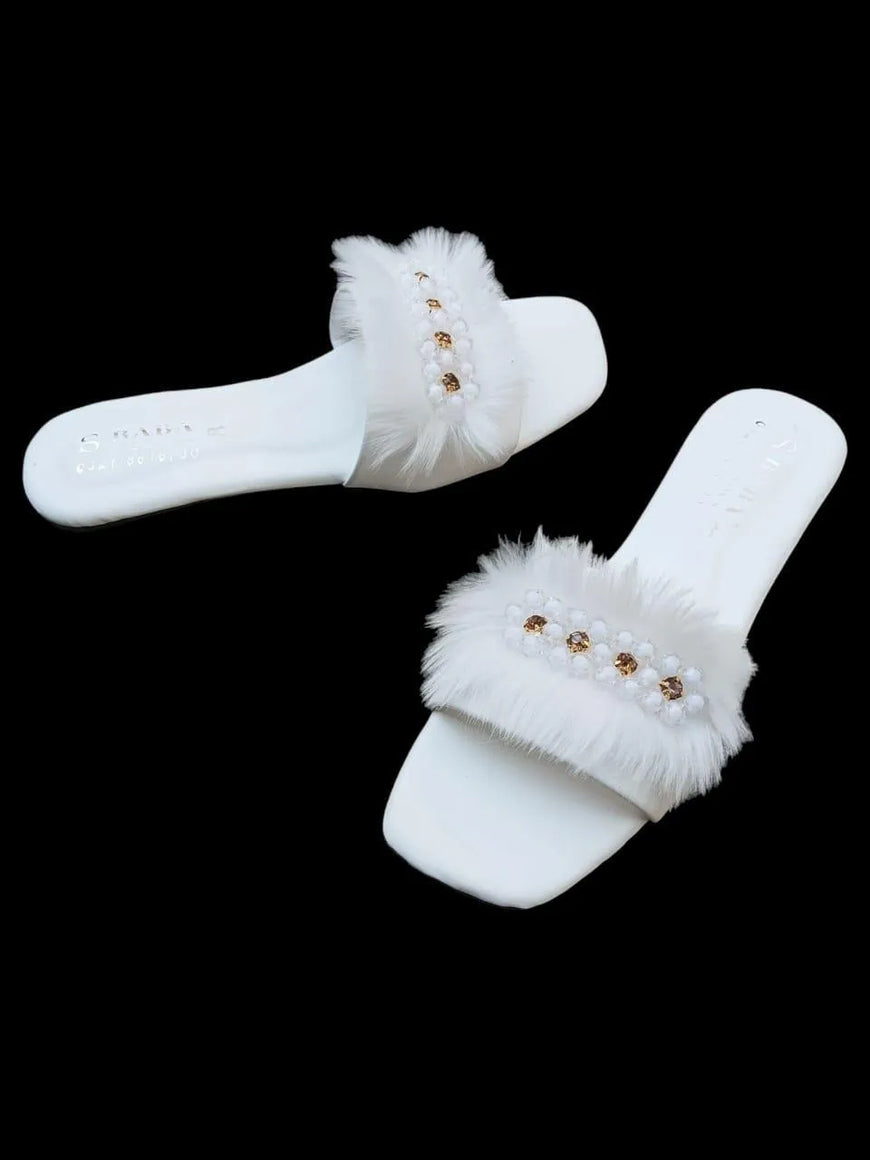 White Fluffy Slippers with Crystal Embellishments for Women