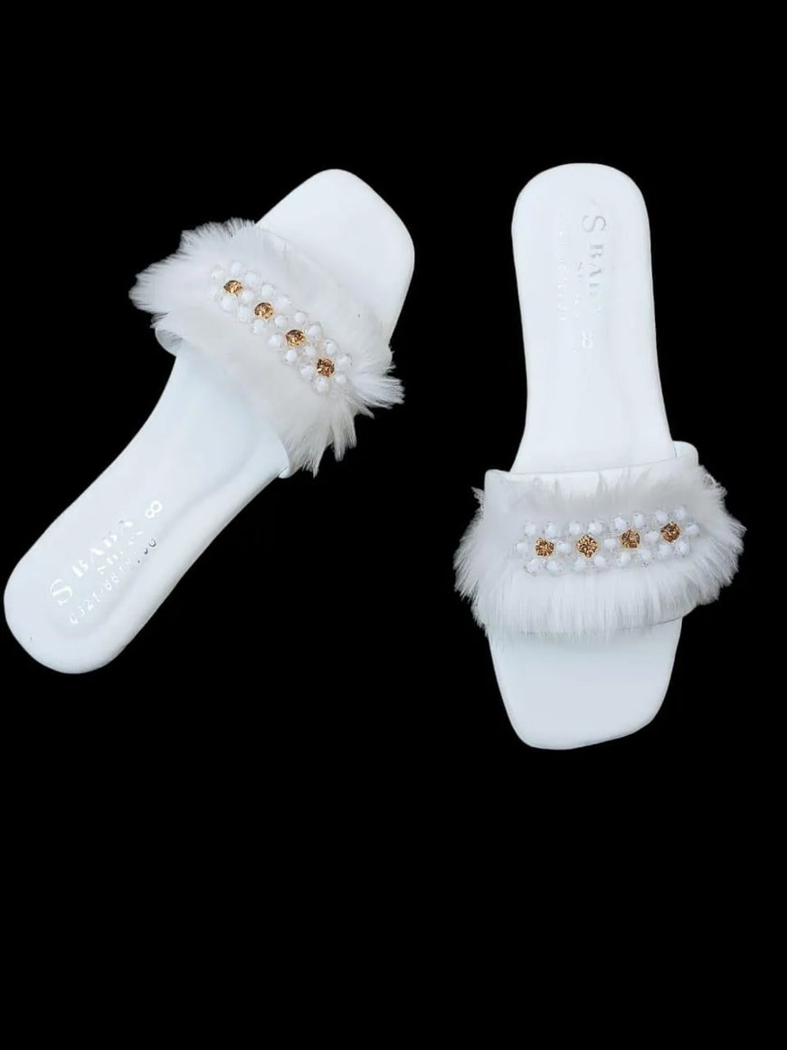White Fluffy Slippers with Crystal Embellishments for Women