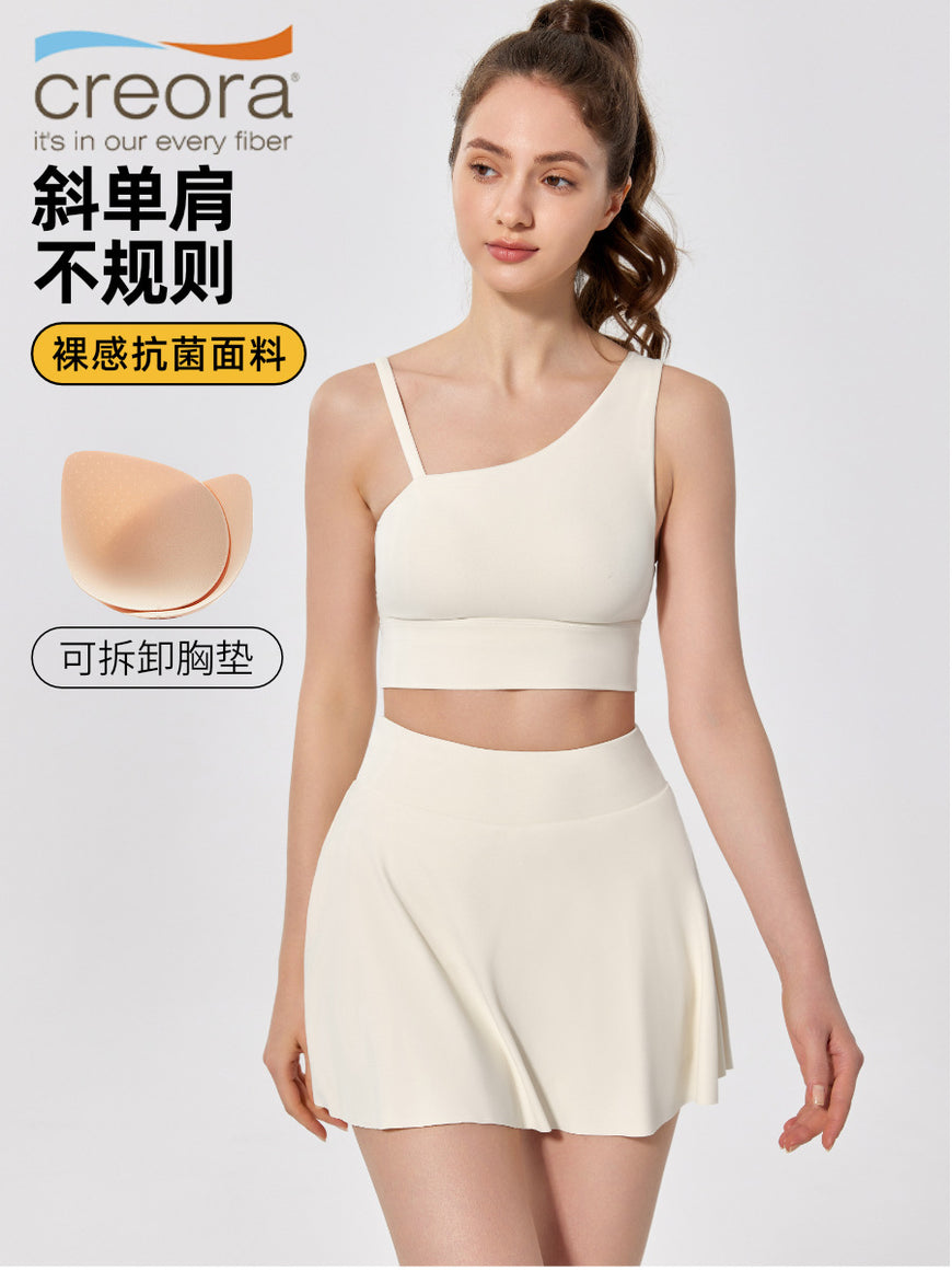 Women Oblique Shoulder Yoga Bra with Removable Pads