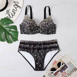Black Sparkly Star Print Split Bikini Set