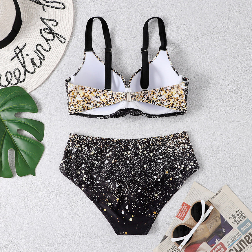Black Sparkly Star Print Split Bikini Set