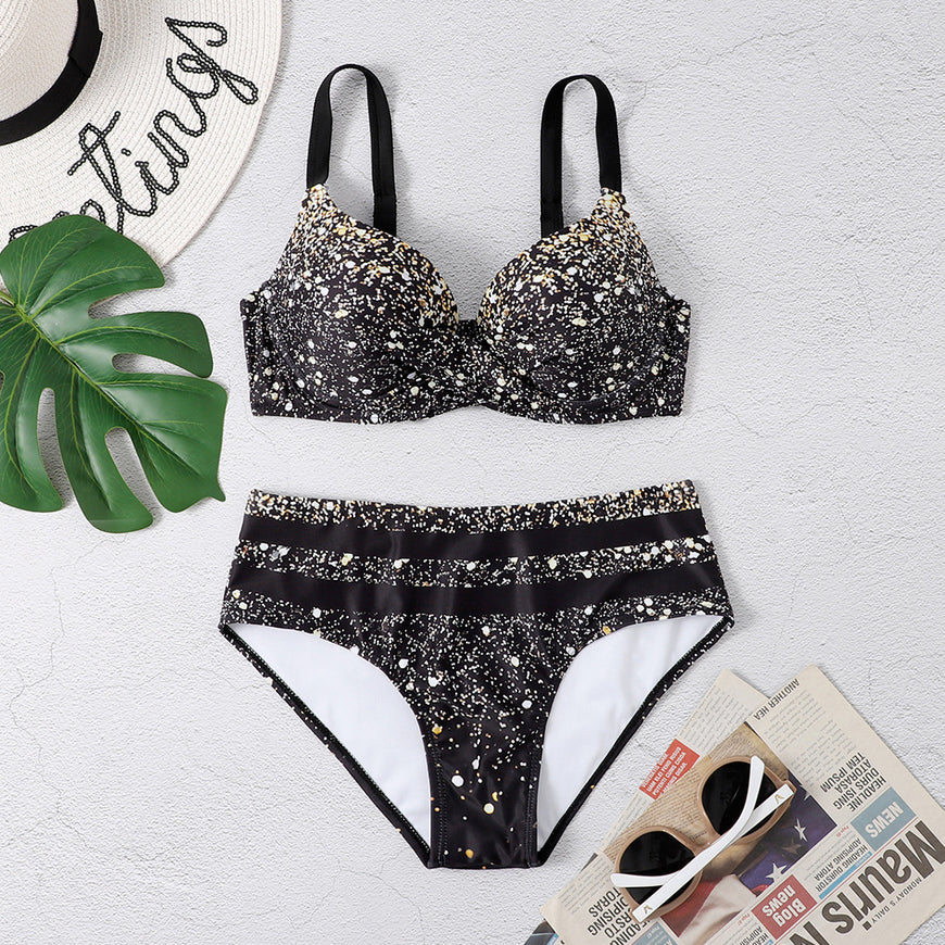 Black Sparkly Star Print Split Bikini Set