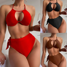 Split Design Swimwear Set Red Brown Brown