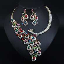 Exaggerated Crystal Peacock Necklace Earrings Set for Women