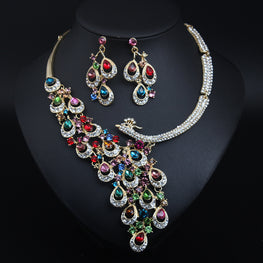 Exaggerated Crystal Peacock Necklace Earrings Set for Women