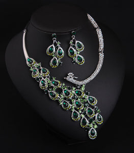 Exaggerated Crystal Peacock Necklace Earrings Set for Women